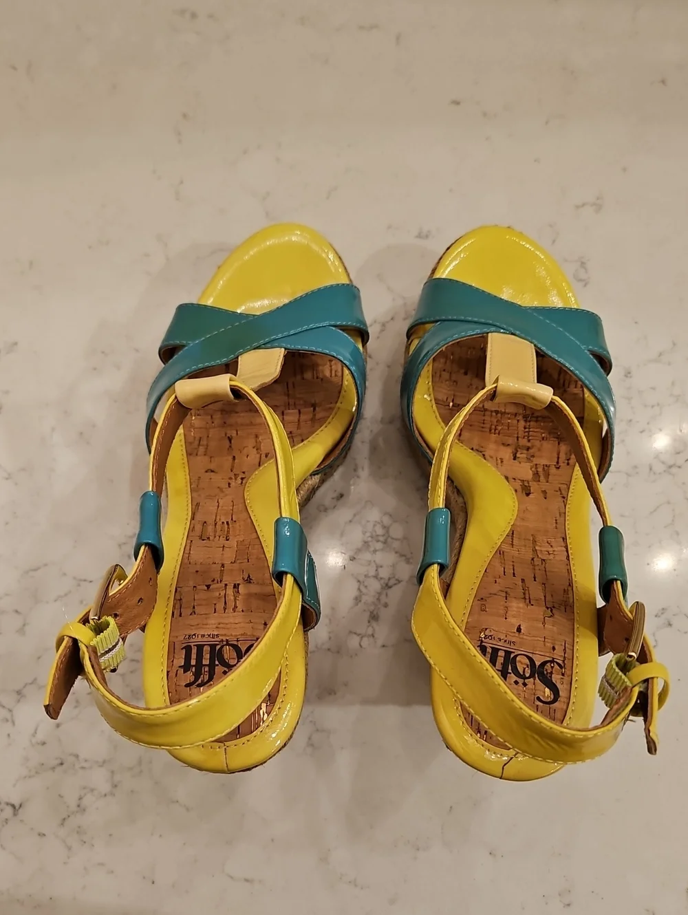 Women’s Yellow & Teal Wedge Espadrille Sandals 8.5, Sofft